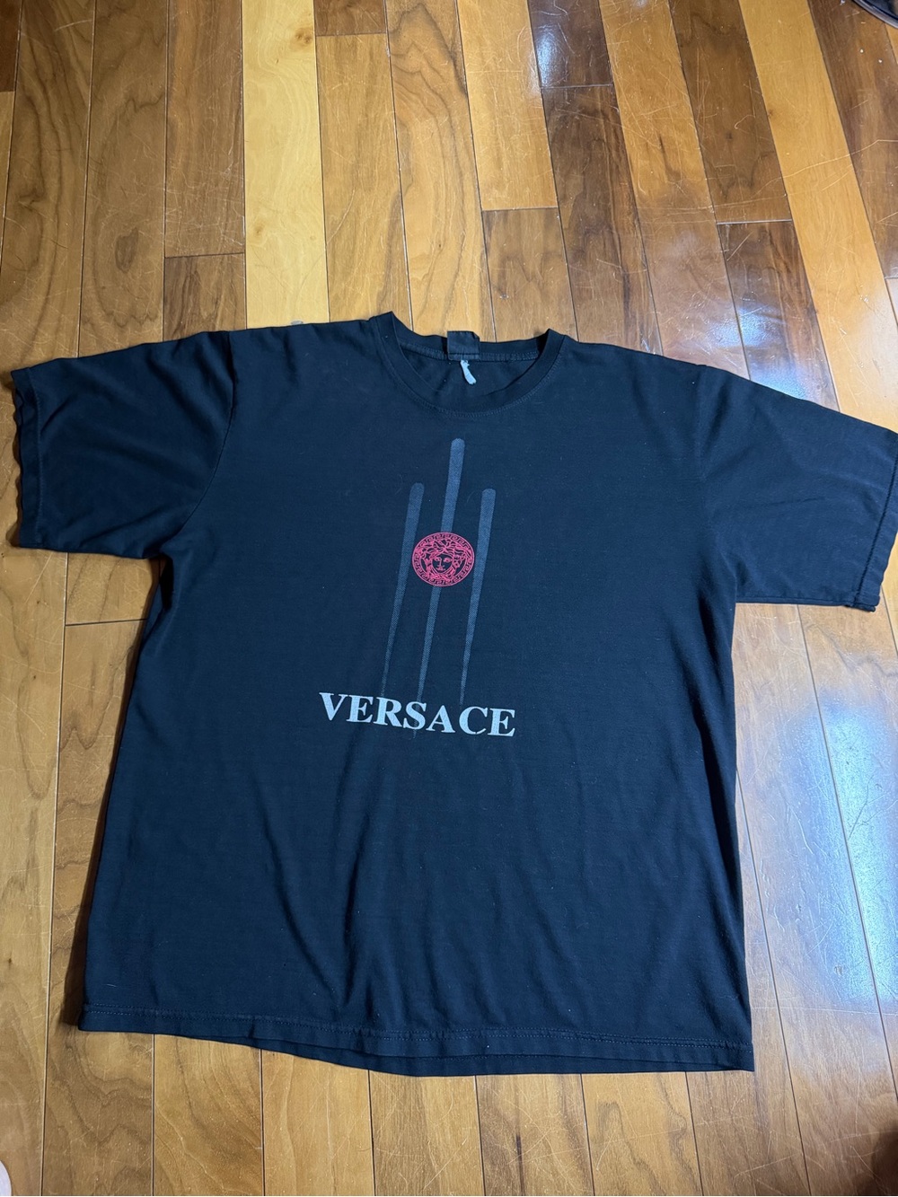 Y2K Versace Black Short Sleeve Tee with Red Medallion